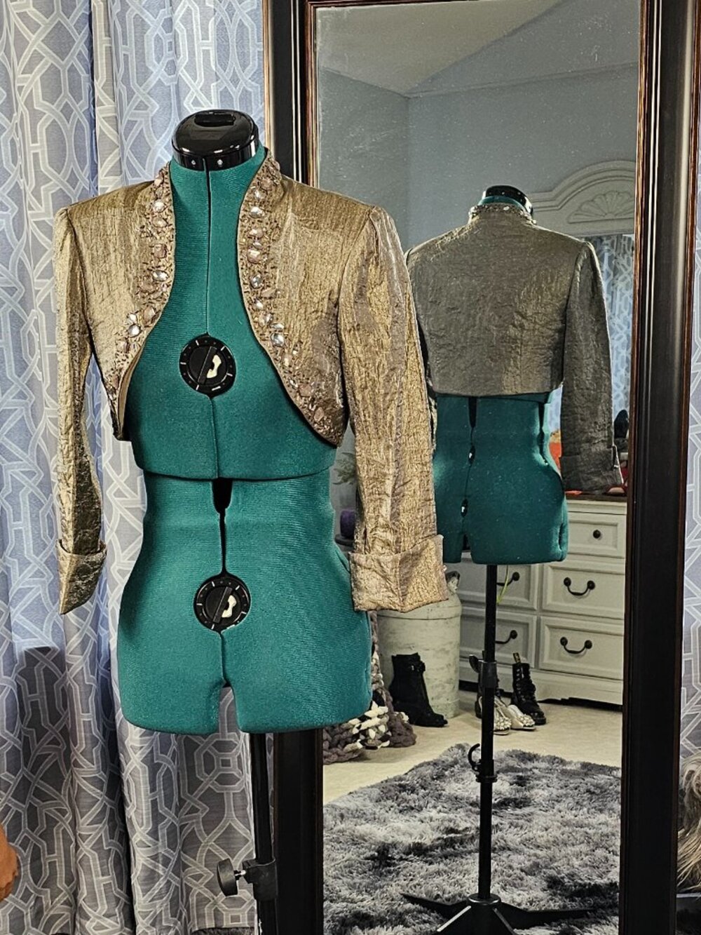 Ignite Evenings by Carol Lin Metallic Bronze Beaded Gemstone Bolero Jacket, Sz